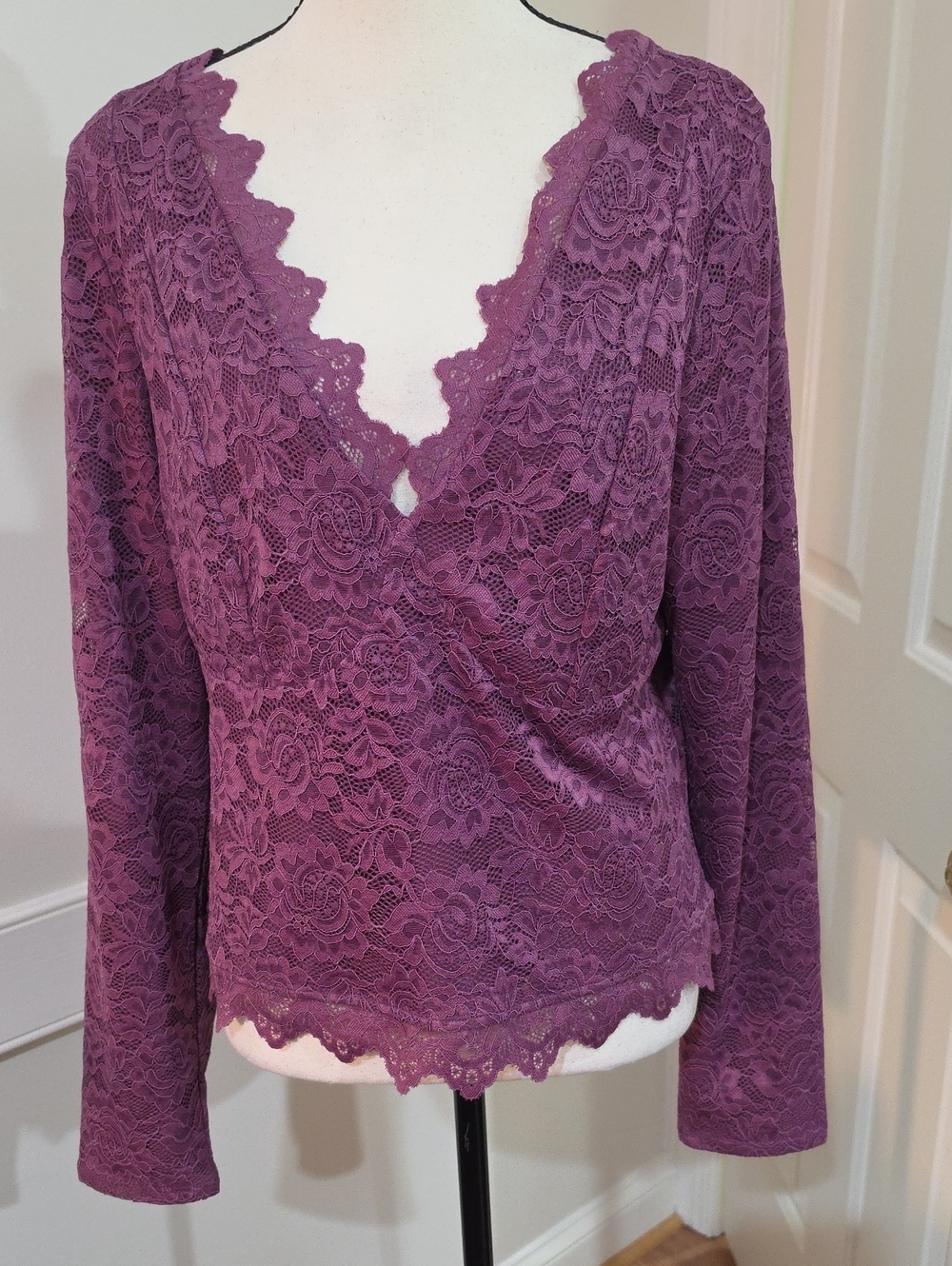 REORIA Purple Floral Lace Long Sleeve Plunging V-Neck Crop Top Blouse - Size XXL